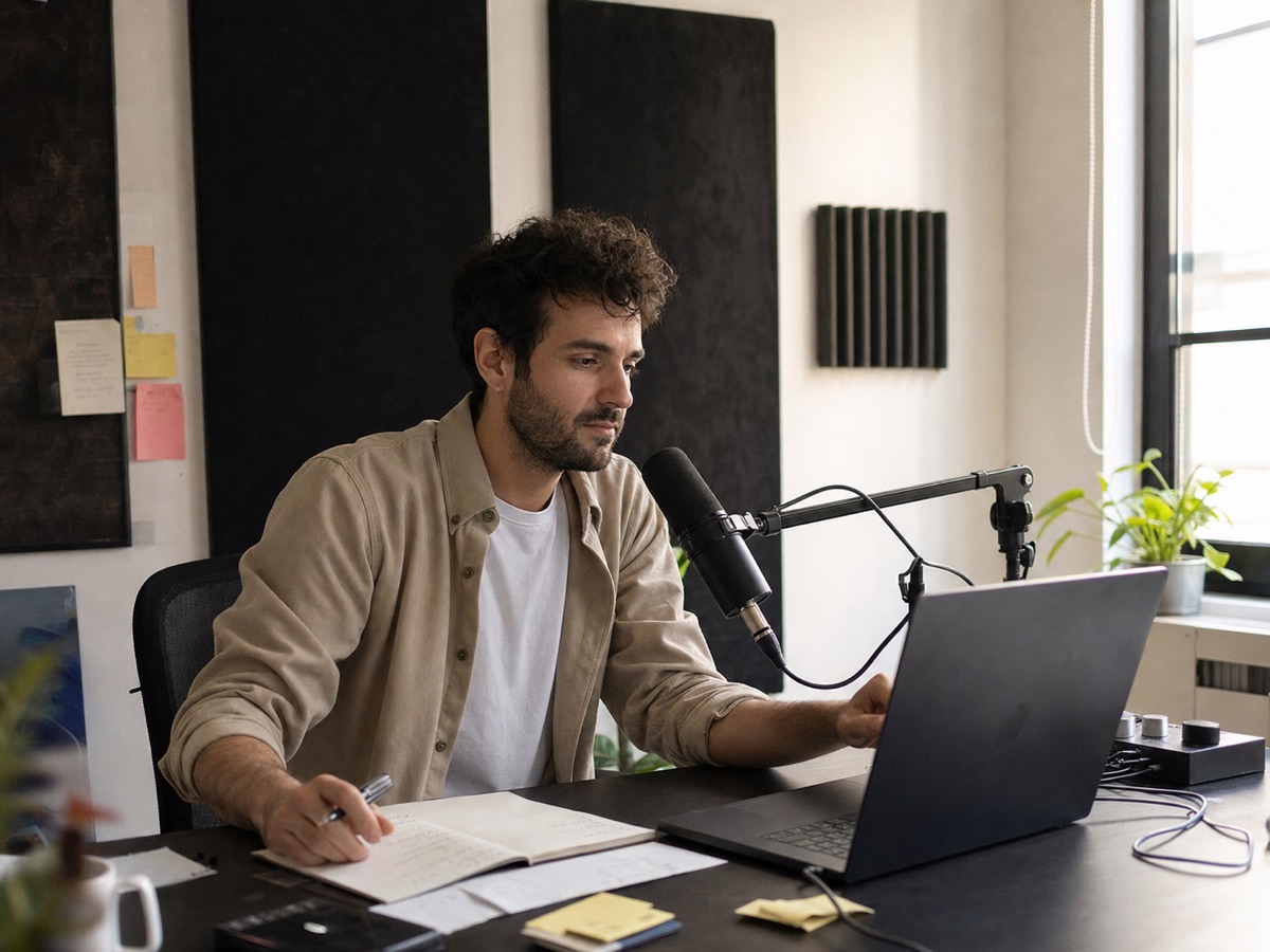 Creator recording a remote interview in a studio